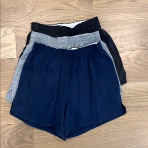 Soffe shorts (grey, black, and Navy)
